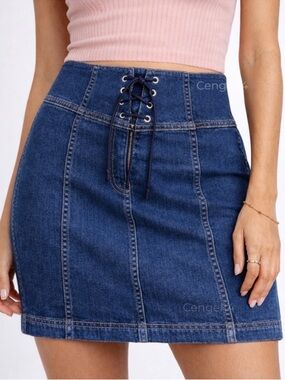 Free People Lace Up Denim Mini Skirt High Rise Blue Size 6